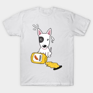 Cute Bull Terrier Spilled a jar of mustard sauce T-Shirt